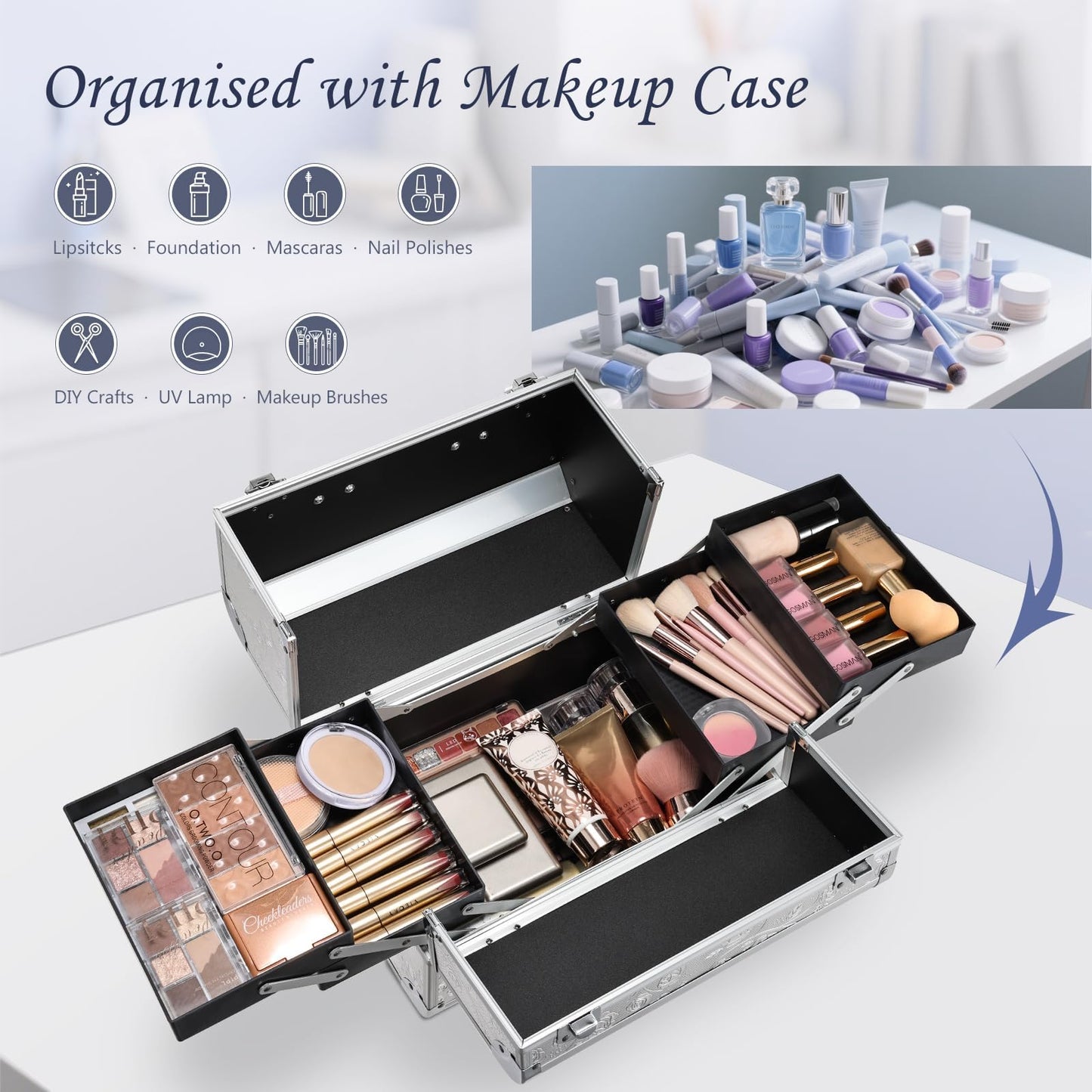 Professional Vanity Case Large Makeup Box Lockable Makeup Case Beauty Organiser Cosmetic Make Up Organiser Box 4 Trays with Keys