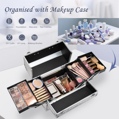 Professional Vanity Case Large Makeup Box Lockable Makeup Case Beauty Organiser Cosmetic Make Up Organiser Box 4 Trays with Keys