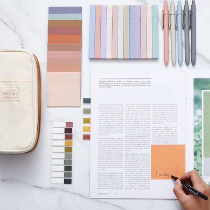 Jutom 39 Pcs Aesthetic Book Annotation Kit Highlighter with Pencil Case Bag Gel Pen Transparent Sticky Note Taking Bible Study College School Supplies(Khaki,Cute Style)