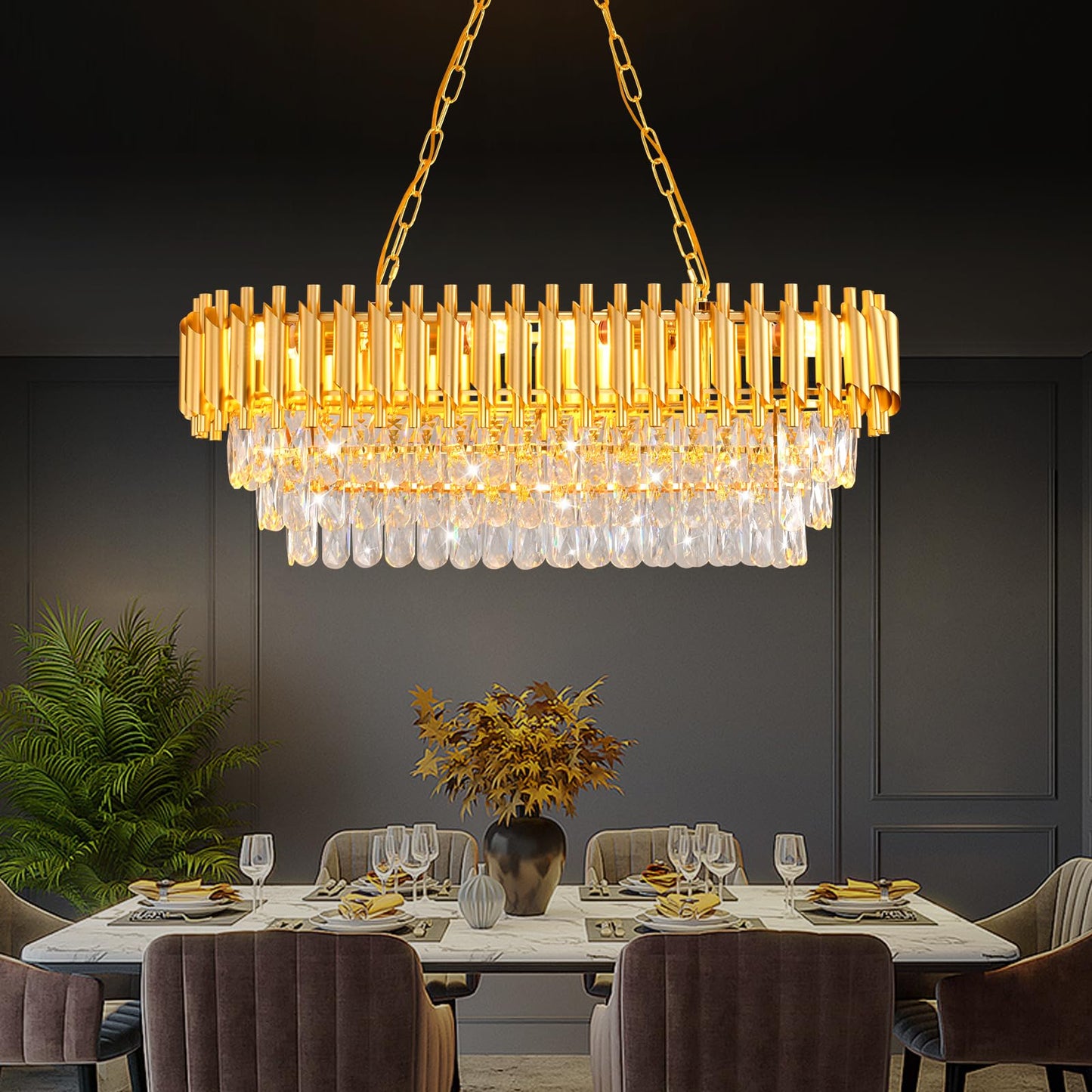 AKDXIRUN Modern Crystal Chandeliers for Dining Room 8-Light Rectangular Gold Crystal Chandelier Living Room Oval Contemporary Linear Pendant Light Fixture for Kitchen Island Bar Restaurant L32