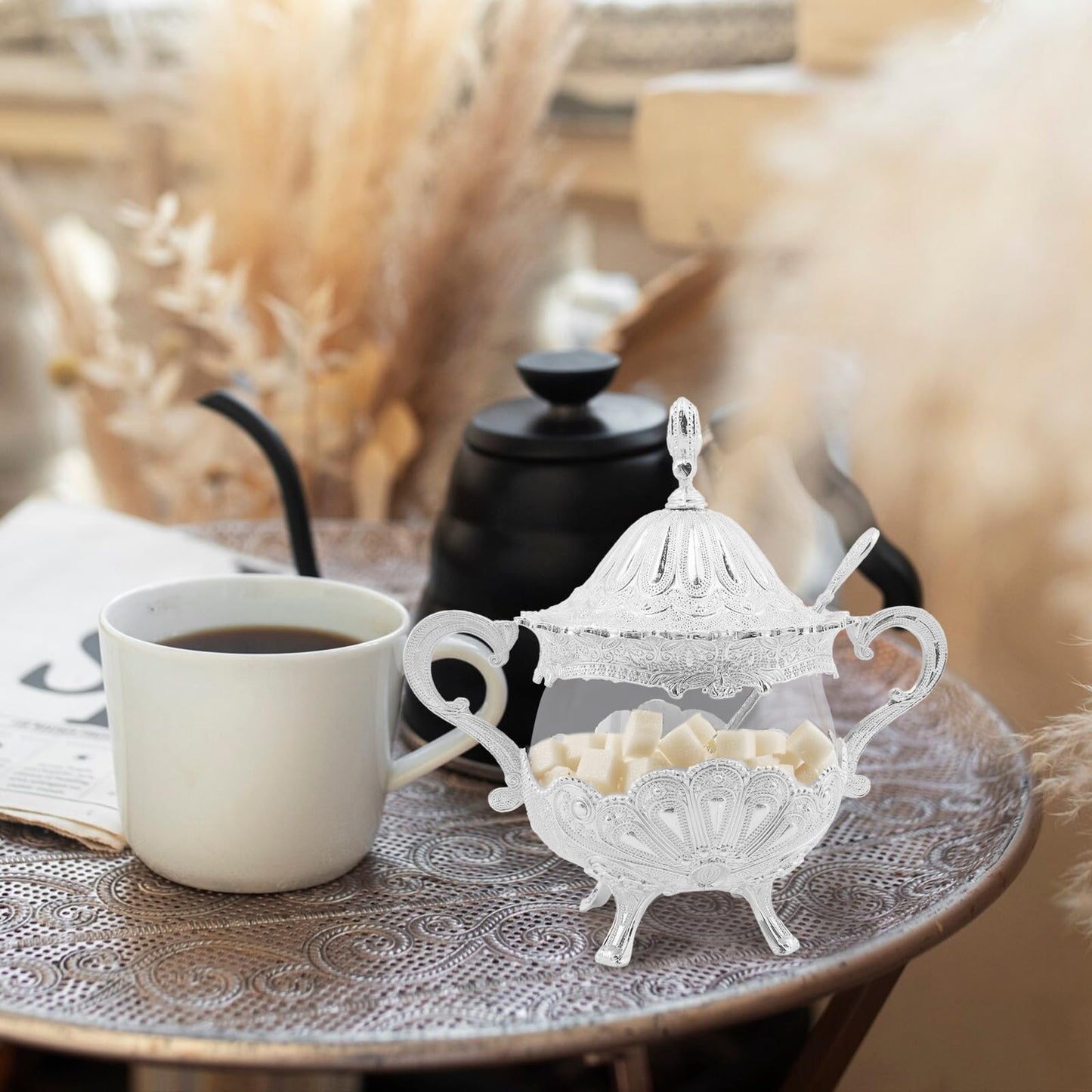 Tsnamay 6.1" Sugar Bowl with Lid and Spoon for Kitchen Coffee Bar and Wedding Party,Sugar Container for Sugar Cube and Powder Sugar,Salt Server,Silver