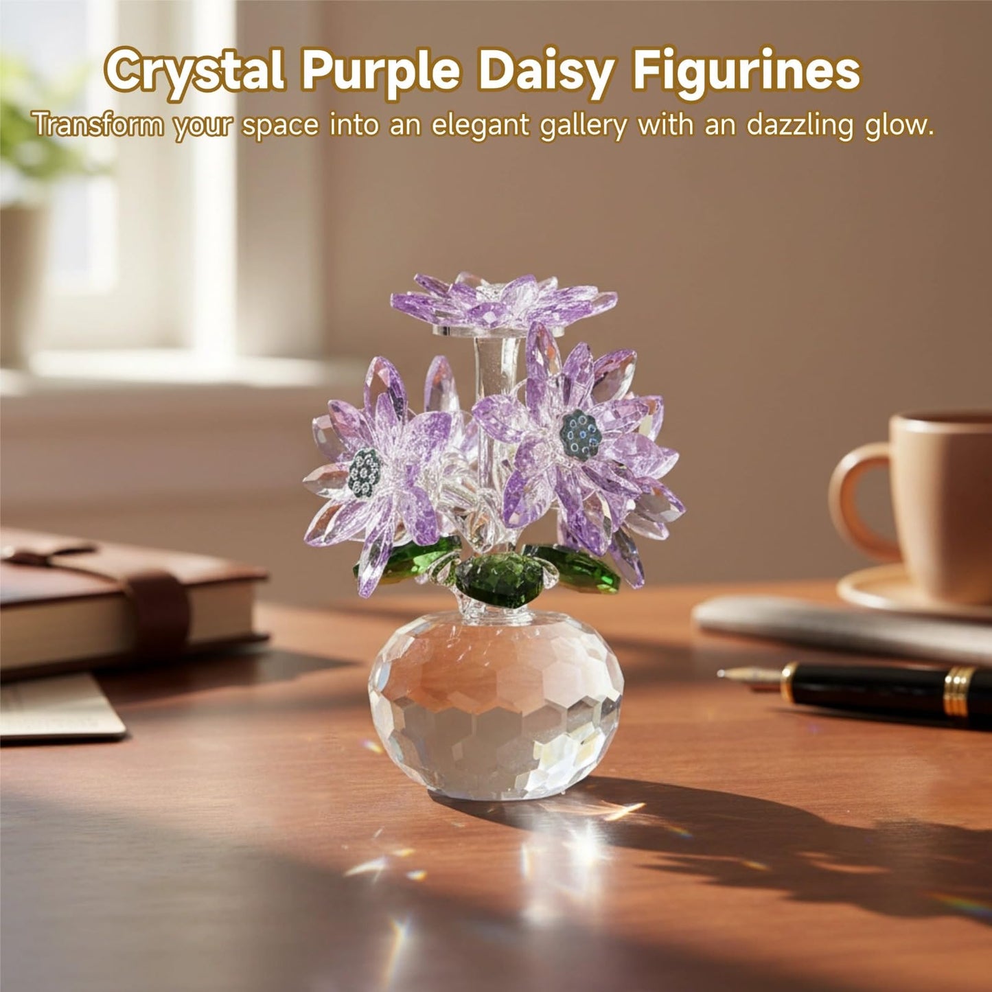 OMISTAR Crystal Purple Daisy Figurines, Crystal Flowers Daisy Decor, Small Paperweight Ornament with Present Box, Floral Collectible, Table Centerpiece for Home Decor