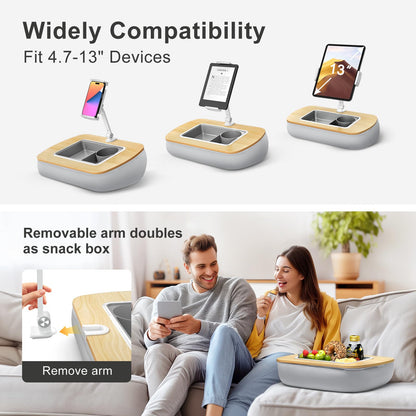 ERGONOV Tablet Stand Pillow with Snack Bowl, iPad Lap Holder for Hands-Free Reading and Relaxation on Bed,Couch,Recliner, 360° Rotating Clip for 4.7-13" Kindle,eBook,Tablet,iPhone (Birch Gray)