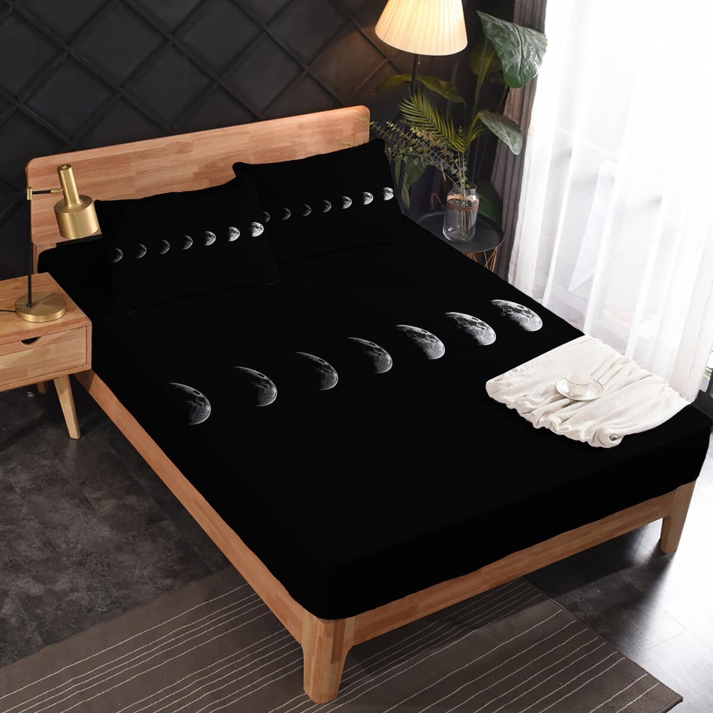 Moon Phase Sheets King Size - Black and White Bed Sheets, Soft Microfiber & Deep Pocket & Wrinkle Free Patterned Bedding Sheets & Pillowcases, 4 Piece ( 1 Fitted Sheet, 1 Flat Sheet, 2 Pillow Cases )