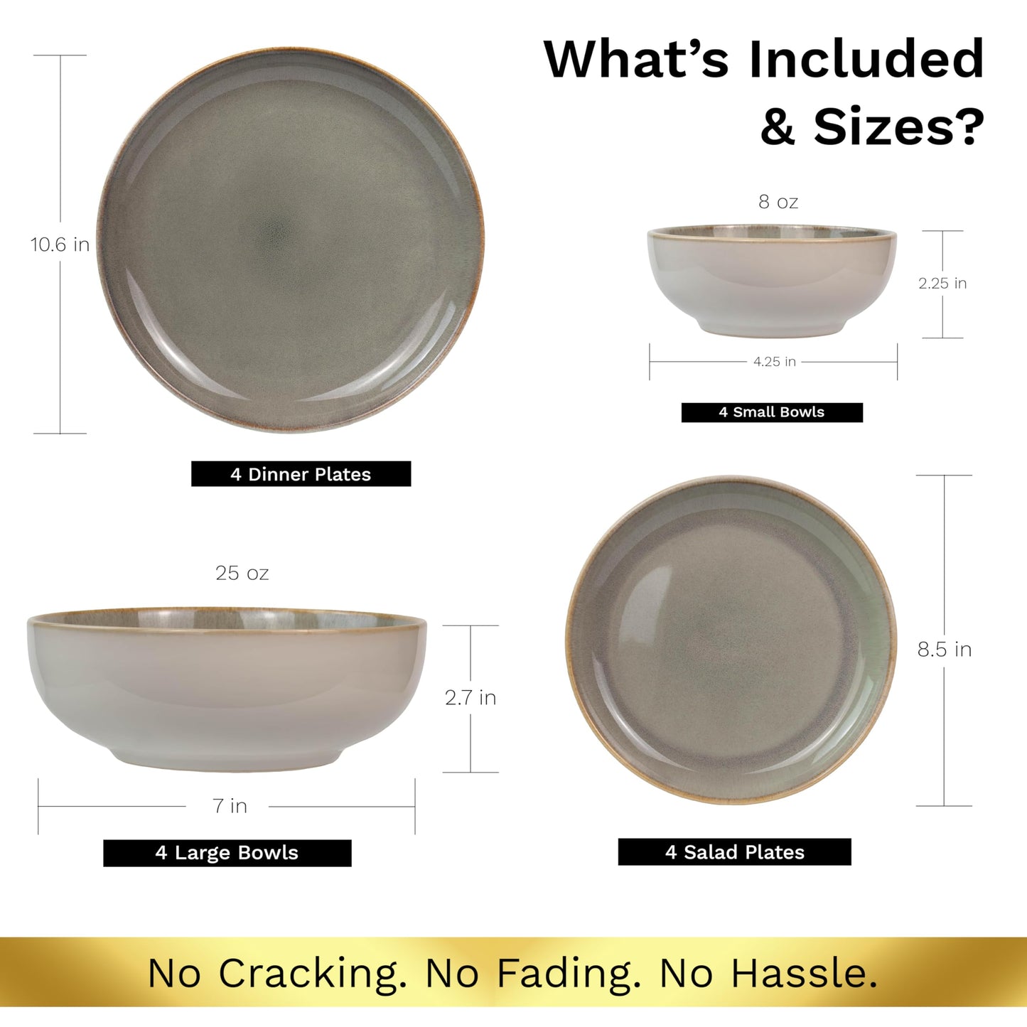 Sango 16-Piece Stoneware Dinnerware Set for 4, Glossy Cream/Green Big Dinner Plates and Bowls Sets with Reactive Glaze, Ceramic Dish Set, Modern Dishes, Microwave & Dishwasher Safe, Resona Moss