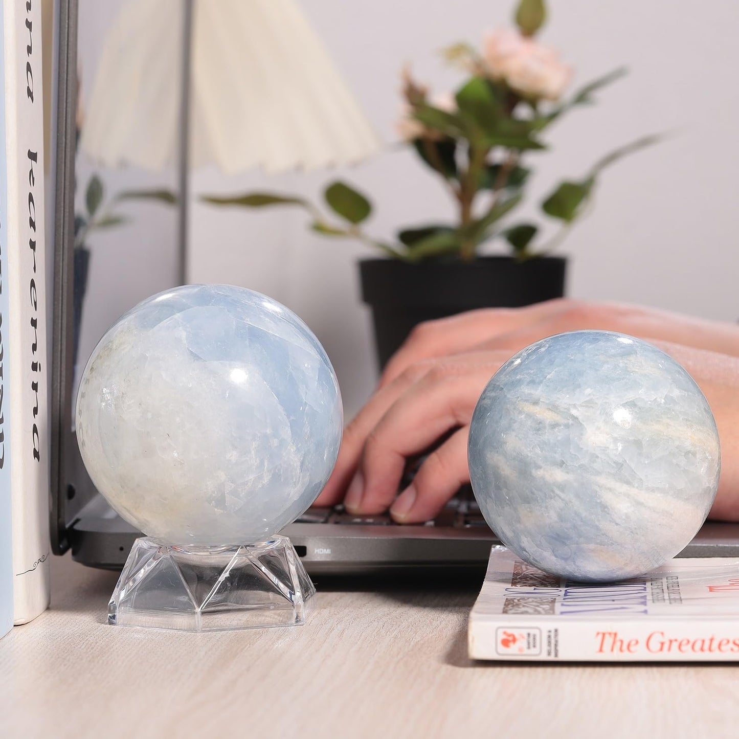 moonsix Natural Blue Celestite Crystal Ball with Acrylic Stand Decoractive Stone Sphere Sulpture for Divination Fengshui Decor, 61-70 mm