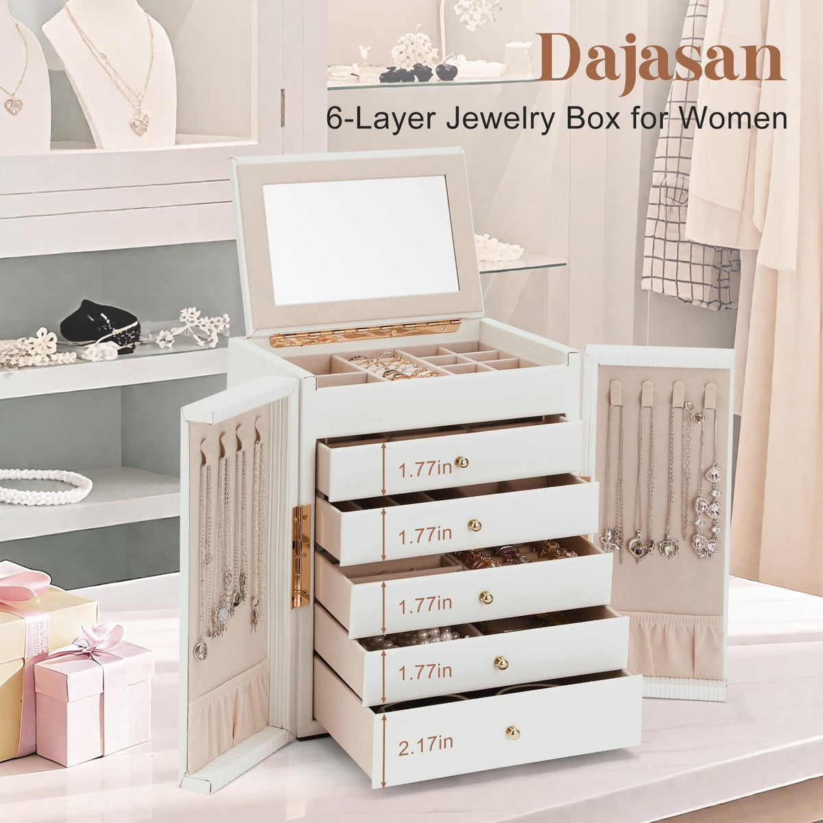 Dajasan Large Jewelry Organizer Box, Jewelry Boxes for Women Girls, 6-Tier Jewelry Storage Organizer with Mirror for Necklace Ring Bracelet Watch, Gift Idea (White)