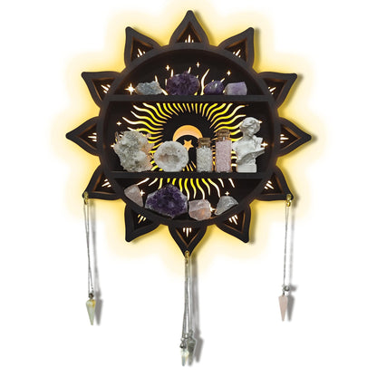 FNYDOX Chakra Lotus Flower Crystal Display Shelf with LED Light, Witchy Home Decor Boho Decorative Wall Mounted Trinket Shelf Wooden Sun Moon Shelf Rock Case Stone Storage Floating Hanging Holder