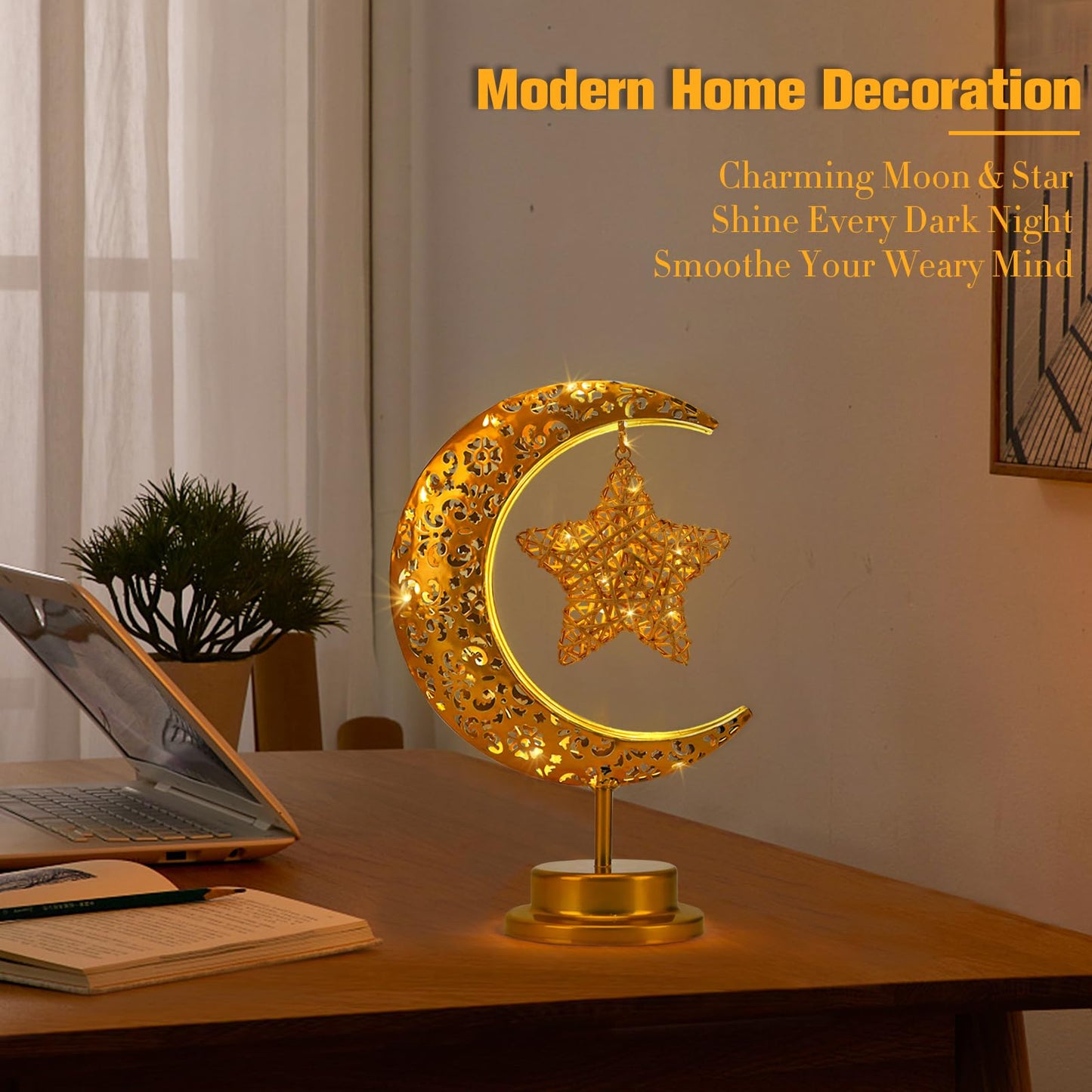 GOUTOOL Art Deco Table Lamp, Rattan Star LED Night Light, Moon Lamp with Cordless Design, Home Decor Gift for Living Room, Office, Holiday