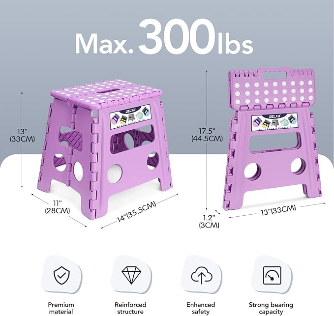 Delxo 13 inch Folding Step Stool, Non-Slip Foldable Stools Up to 300 LBS, Step Stool with Handle, Lightweight for Kitchen, Bathroom, Bedroom, Garden, Light Purple, 1PC