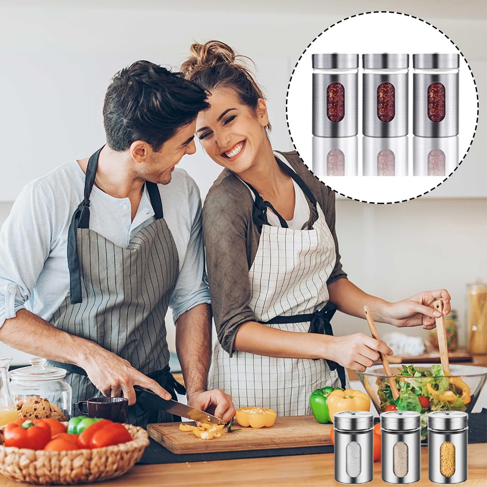 Aiareozy 6 Pack Salt and Pepper Shakers, 80ml Spice Jars with Shaker lids, Salt Shakers Glass with Adjustable Pour Holes, Stainless Steel Seasoning Containers, Spice Bottles Glass for Kitchen