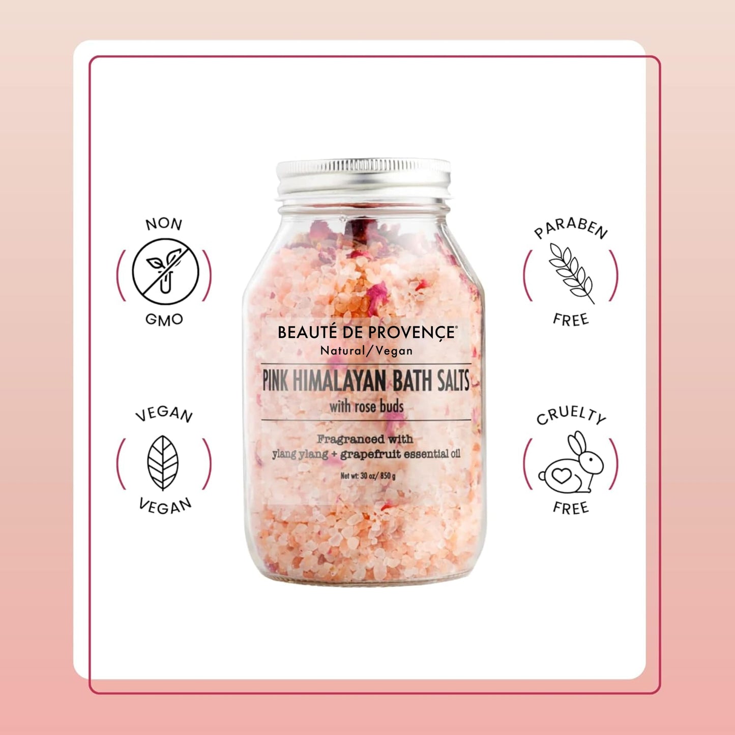 Beaute DE Provence Pink Himalayan Bath Salt with Rose Petals - 100% Natural Aromatherapy & Relaxation - Ylang Grapefruit Essential Oil Bath Salts for Women - Cruelty-Free, Revitalize & Soothes Skin