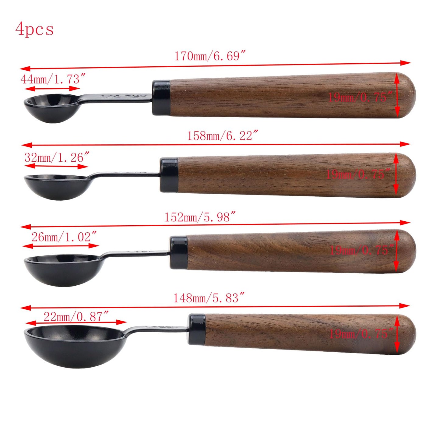 Mewutal Set of 4 Measuring Spoons Black Measuring Scoops with Wooden Handle Stainless Steel Measuring Spoons Set for Kitchen Flour Spice Seasoning Measurement (15ml+5ml+2.5ml+1.25ml)