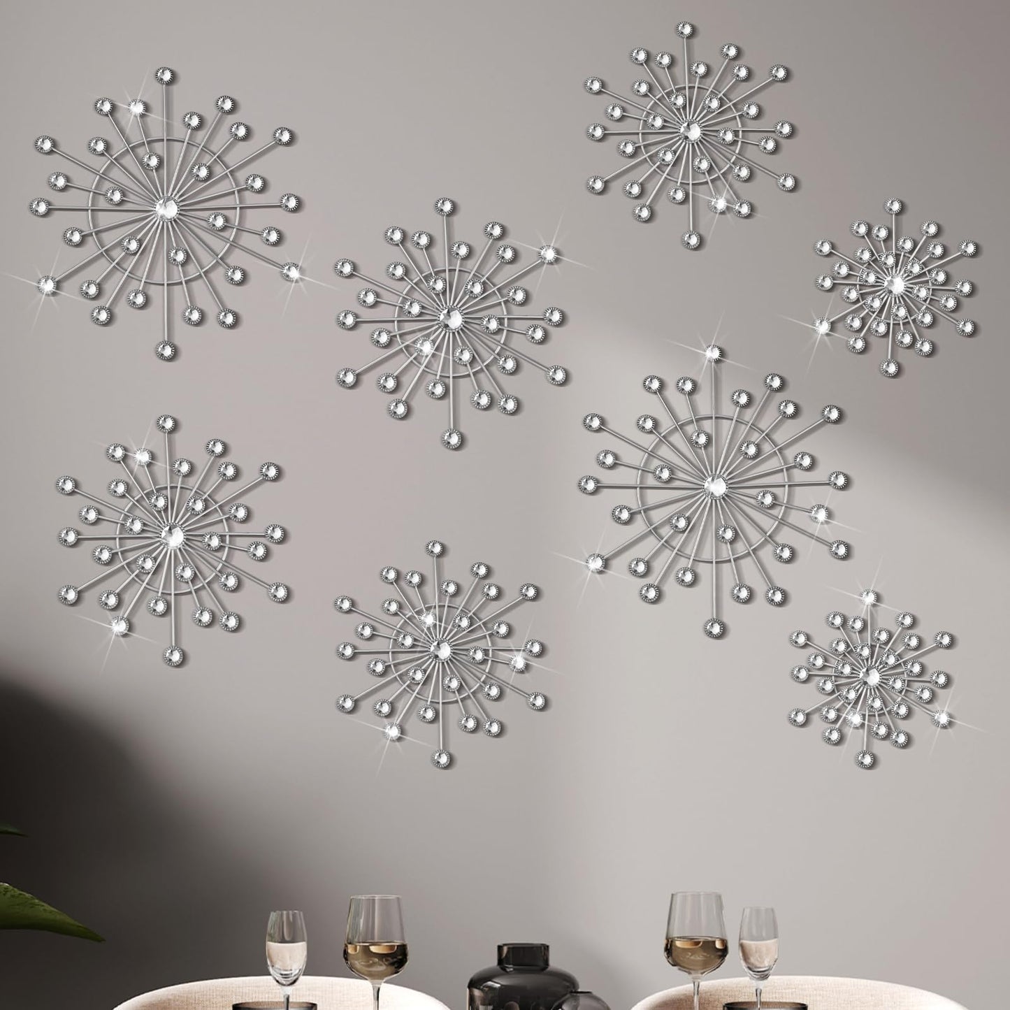 MorningRo 8 Pcs Metal Wall Decor Bling Crystal Wall Art Cast Iron Rhinestones Sunburst Decor Starburst Art Hanging Diamond Accents Home Decorative for Living Room Bedroom Entryway