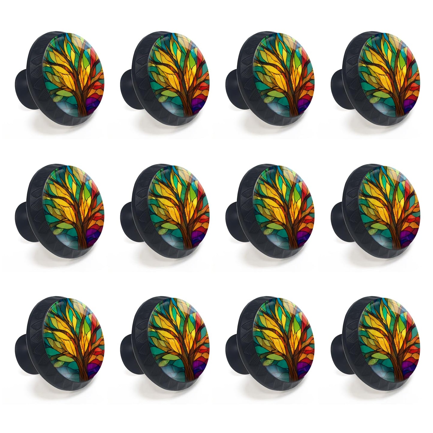 Artinhand 12 Pack Stained Glass Tree of Life Cabinet Knobs Round Drawer Pulls Colorful Tree Knob Cupboard Door Handles Hardware for Kitchen Bathroom Cabinets