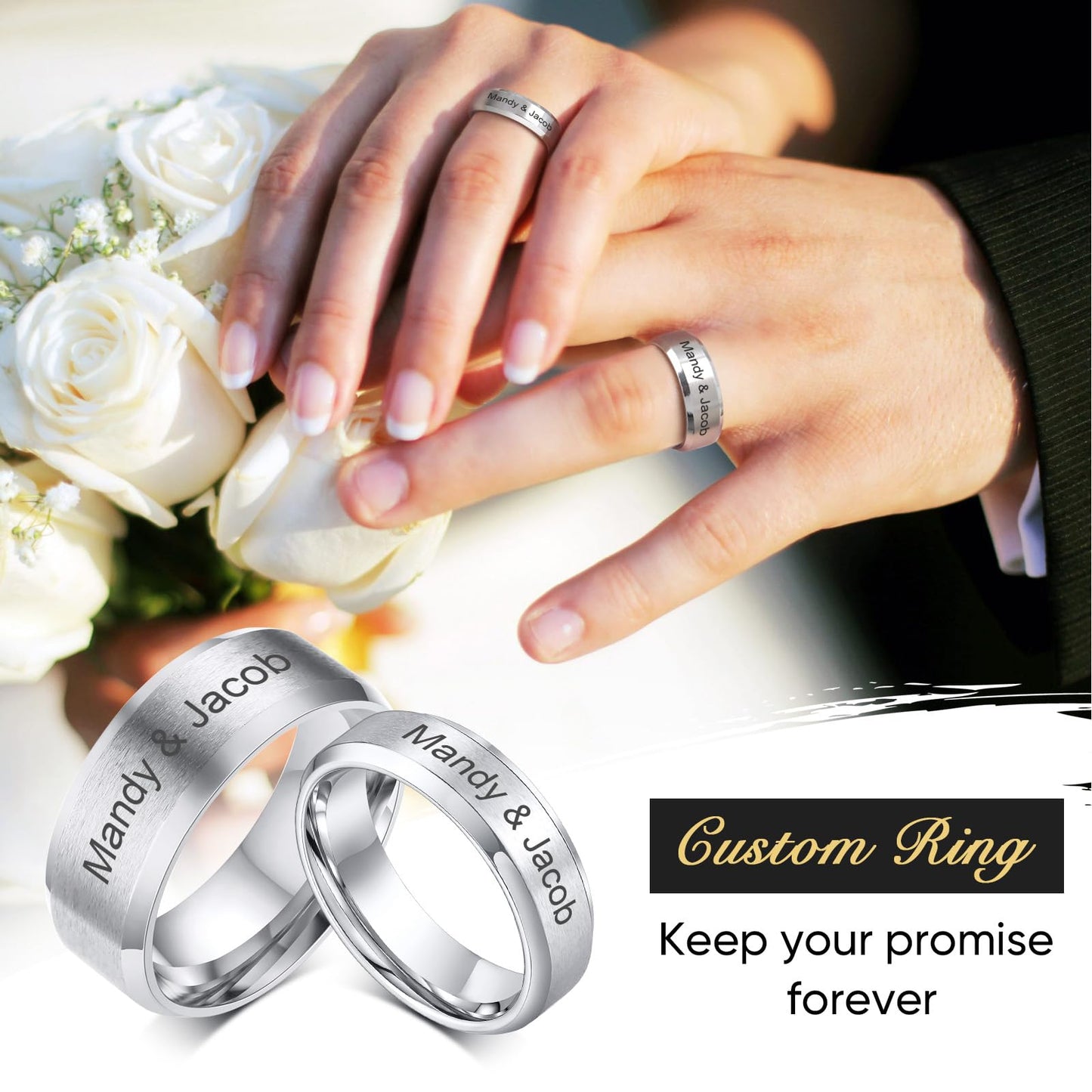 VNOX Customize Personalized Name Date LOVE 8MM Stainless Steel Simple Matte Brushed Finish Wedding Band Engagement Rings for Men Women,Size 13,Silver