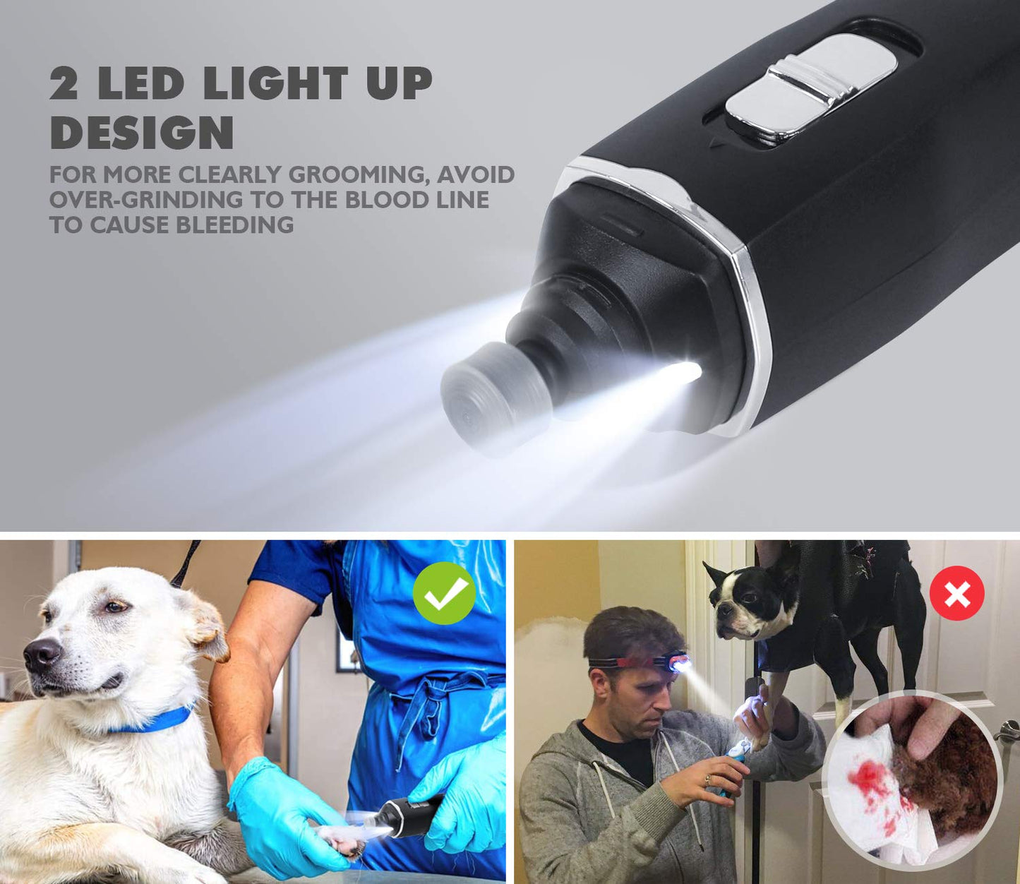 pecute Dog Nail Grinders with LED Light, 50 DB Low Noise Electric Pet Nail File Grinder, 2 Speeds Safe Smooth Grinding, 2 Hours Quick Charge, Strong Motor Great for Small to Large Pets(Black)