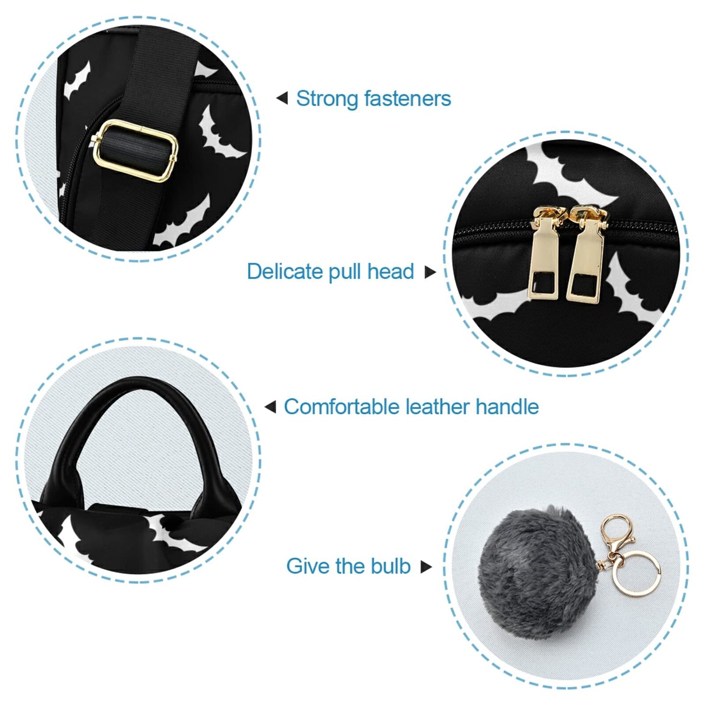 CBBYY Bats Halloween Backpack Purse for Women Nylon Anti-theft Travel Backpack Lightweight Shoulder Bag with Plush Ball Keychain