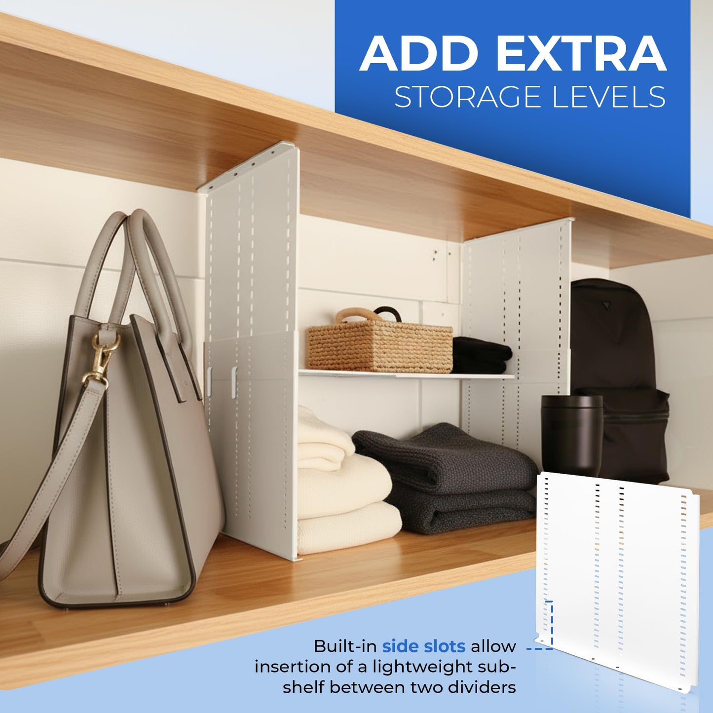 TrueBlueBamboo Adjustable Height Strong Metal Shelf Divider Organizer for Kitchen, Bookshelves, Pantry, Closet. Will not Bend. Extendable Up to 14 inch.