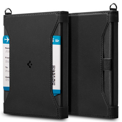 Spigen Passport Holder Travel Wallet, Passport Cover with RFID Signal Blocking Compatible with Most Passport Sizes - Black