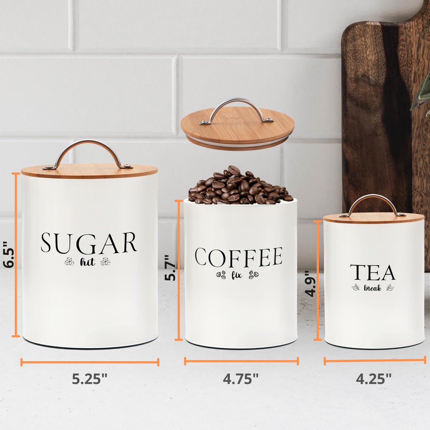 D'Lifeful Tea Coffee Sugar Canister Set - 3pc Airtight Canister Sets for Kitchen Counter - Farmhouse Containers for the Kitchen - Decorative Countertop storage with Airtight Lid for Freshness - White