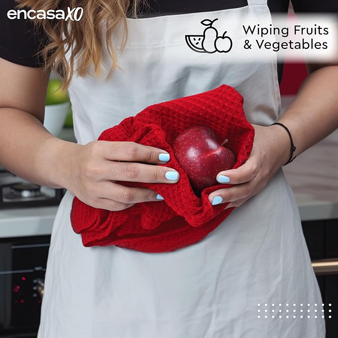Encasa XO Kitchen Dish Towels Set | Red | Waffle Weave and Flat Hand Tea Towel