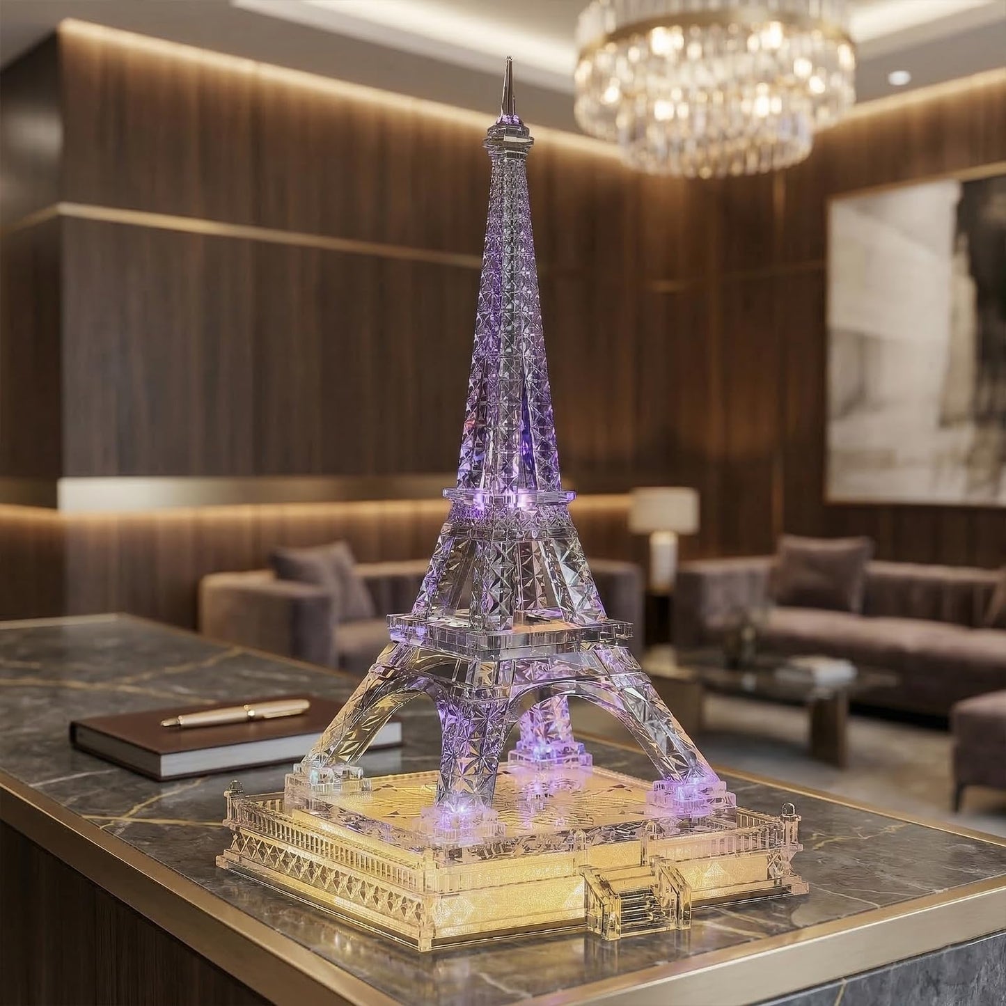 16.9in Tall Eiffel Tower Statue Clear Acrylic Figurine Torre Eiffel Decorations Paris Decor Centerpieces for Tables Home Living Room Shelf Mantel Tabletop Display Model with LED Light Crystal Finish