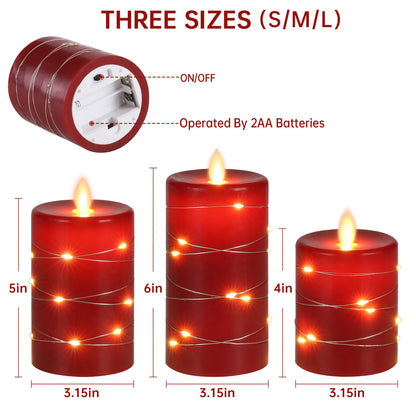 Da by Red Flameless Candles with String Lights, Battery Operated Candles with Remote Control and Timer,Flickering LED Pillar Candles for Home Décor,Real Wax,3 Pack -Red