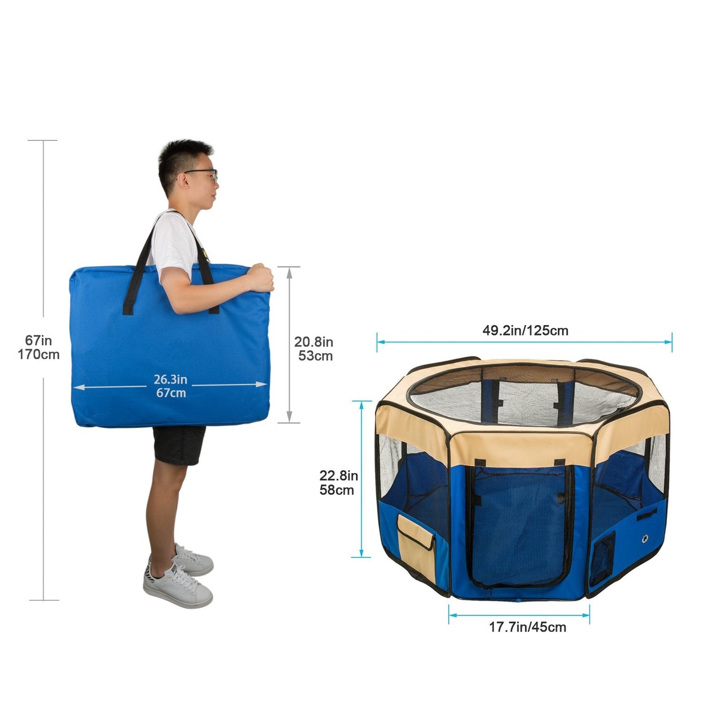BIGWING Style Puppy Playpen,Oversize Dog Playpen,Portable Foldable,Removable Top and Bottom,Indoor and Outdoor Use,With Carry Bag,(Blue,XL)