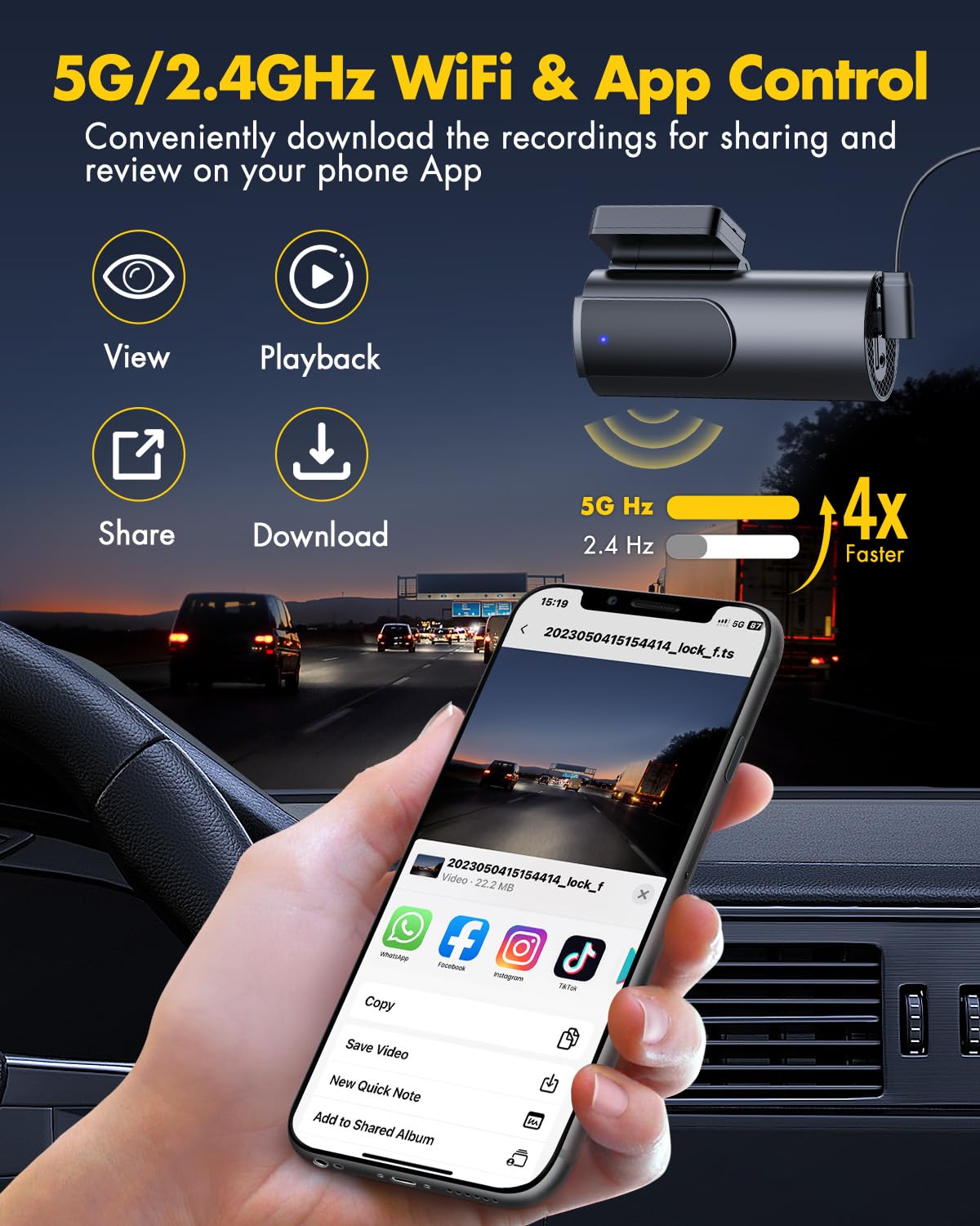 GKU 4K Dash Cam Front and Rear, 5GHz WiFi Dashcam with 64GB SD Card, Dual Car Camera Dash Cam with Parking Monitor, Night Vision, WDR, 170° Wide Angle, G-Sensor, Loop Recording, APP Control, Max 256GB