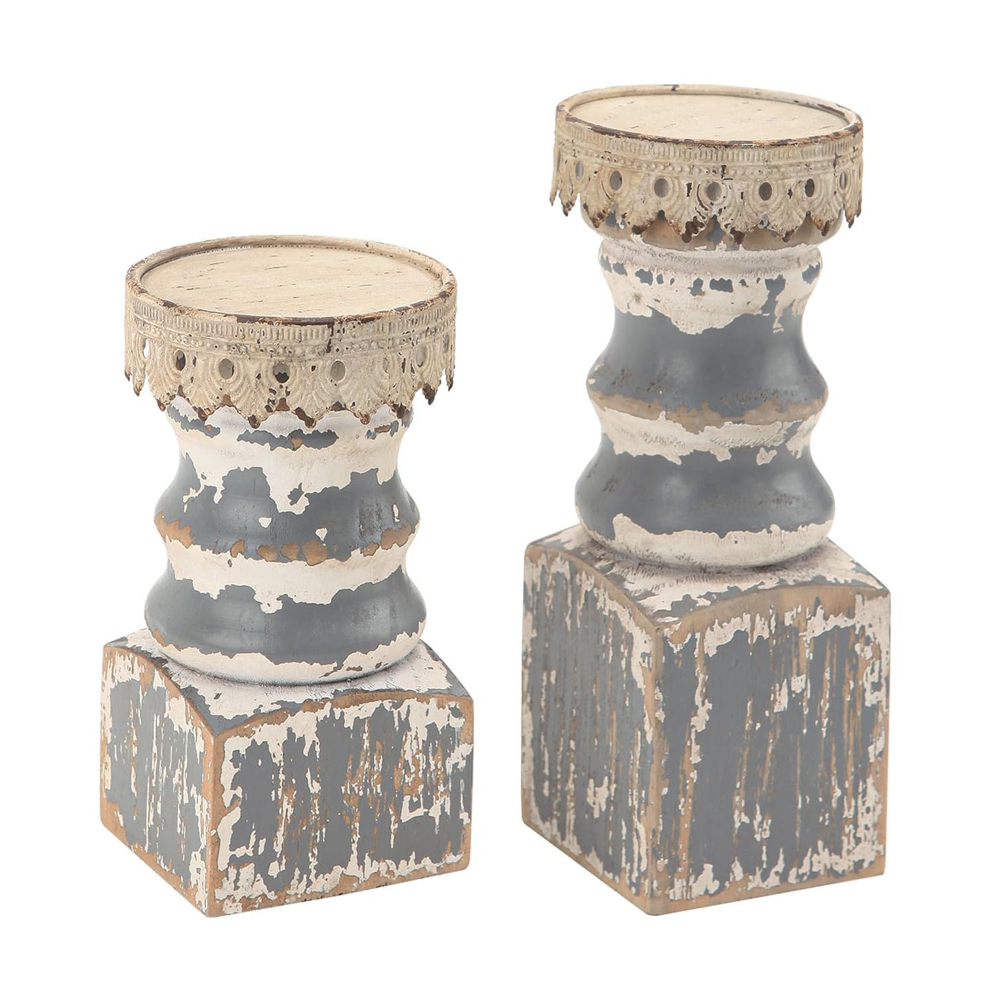 NIKKY HOME Farmhouse Rustic Solid Wood Pillar Candle Holders Set of 2, Grey
