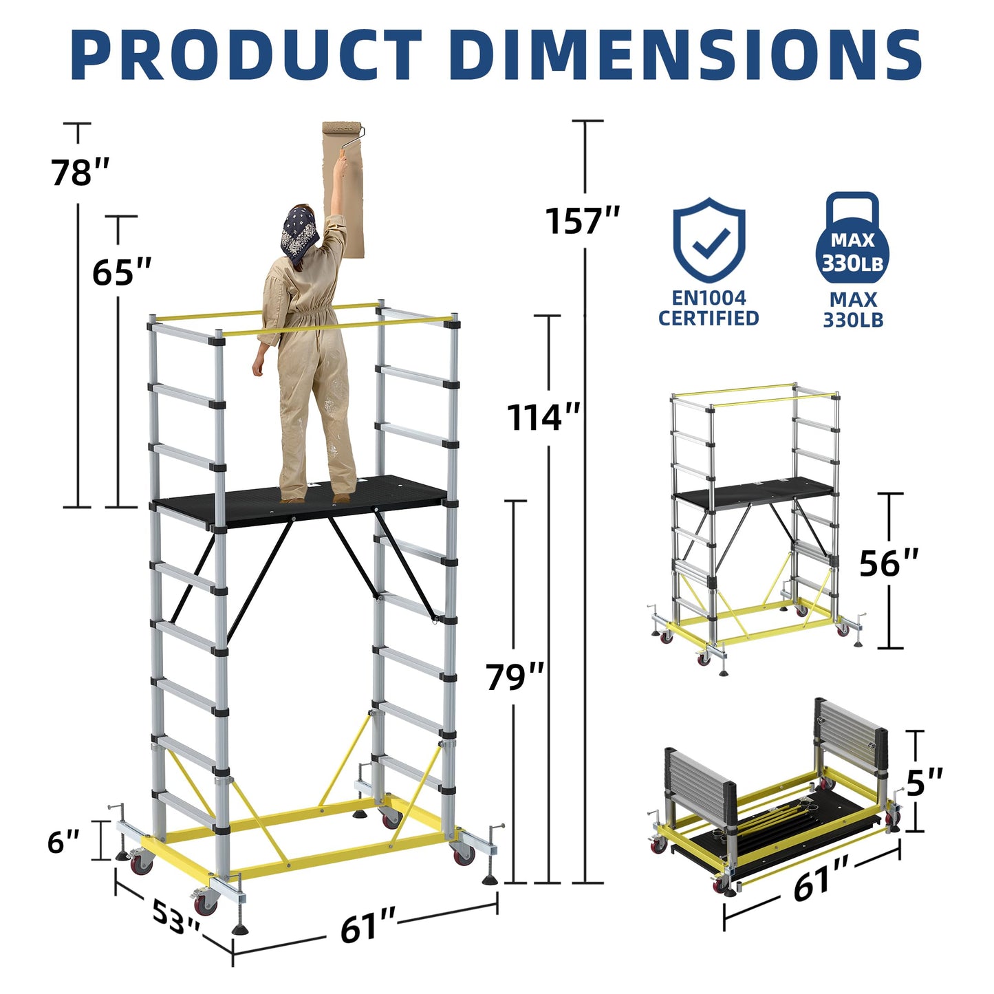 APARECIUM 10' Aluminum Scaffold Tower, Multipurpose Rolling Scaffolding Work Platform, Utility Scaffolding Tower, Adjustable Work Platform with Hatch Deck and Guard Rail, 500 Lbs Duty Rate