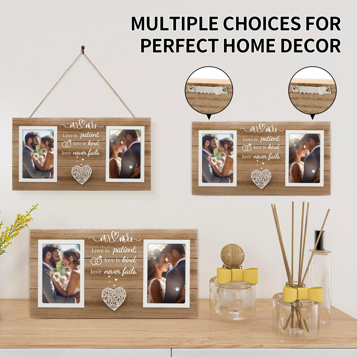 SOUHONEY Wedding Gifts for Couples 2026, Bridal Shower Gifts for Bride to Be, Wedding Picture Frame for Couple - Double 4x6 Pictures Frame - Wooden Couples Newlyweds Picture Frame with Heart Mr& Mrs