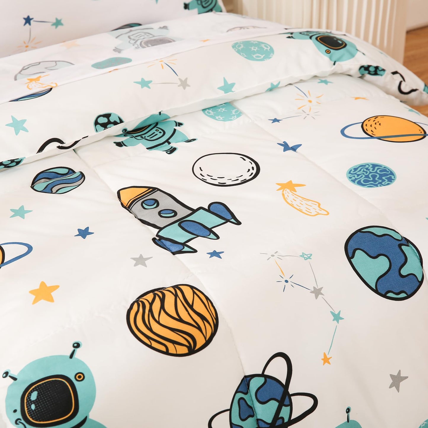 JSD Blue Astronaut Toddler Bedding Set, 4 Piece Space Theme Rocket Bed-in-a-Bag Toddler Comforter Sheet Set, Machine Washable
