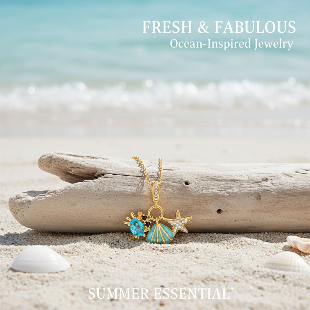 crataly Beach Holiday Aquamarine Necklace For Women-Gold Plated Mini Crab Enamel Seashell CZ Starfish Necklace For Graduation Valentines Day Mother's Day Christmas Birthday Gifts