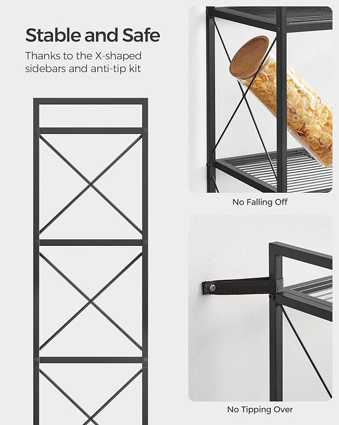 SONGMICS 4-Tier Metal Storage Rack, Shelving Unit with X Side Frames, Dense Mesh, 12.6 x 23.6 x 44.3 Inches, for Entryway, Kitchen, Living Room, Bathroom, Industrial Style, Ink Black UBSC164B01