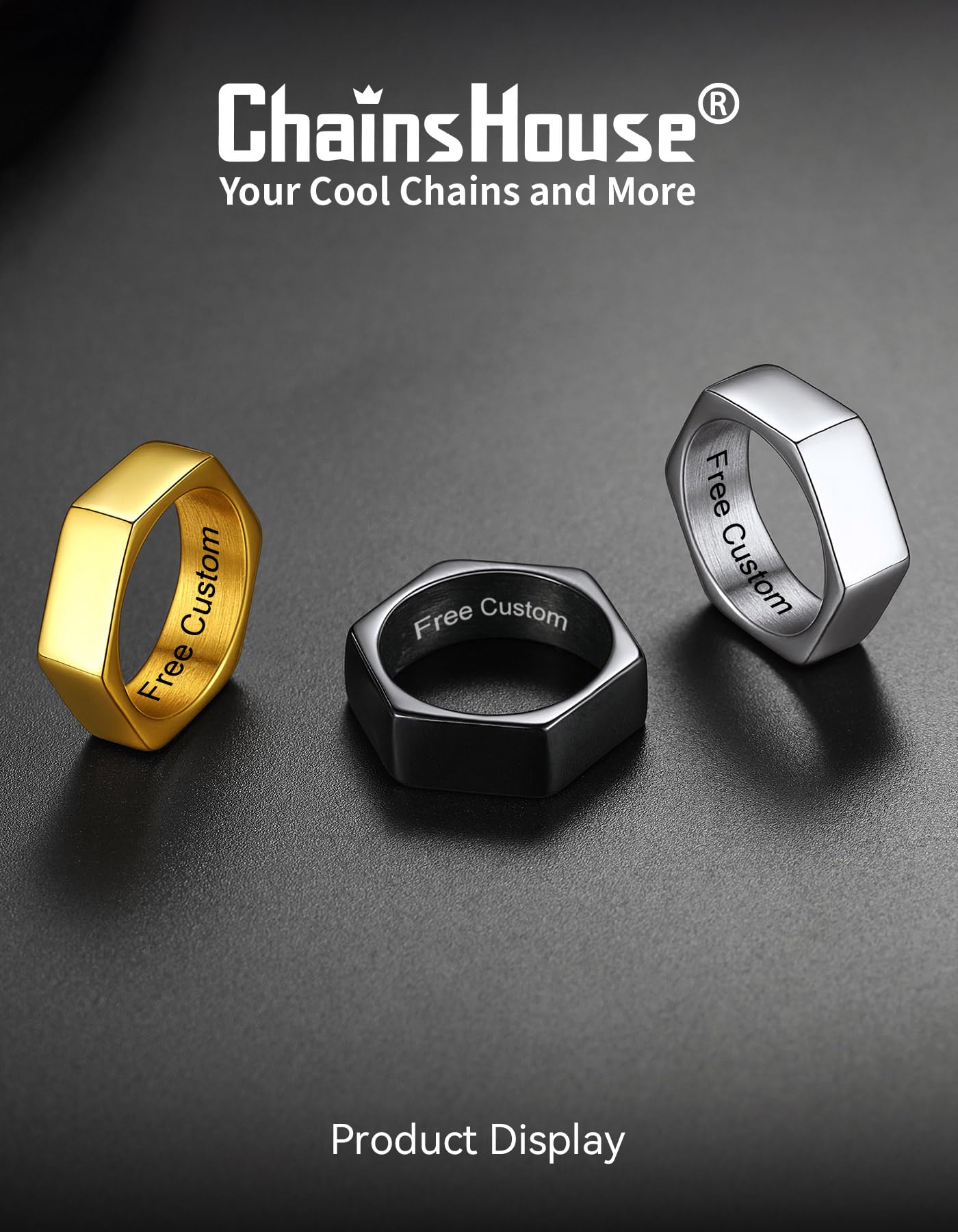 ChainsHouse Personalized Engravable Stainless Steel Black Hexagon Geometric Biker Ring Bands, Size 9