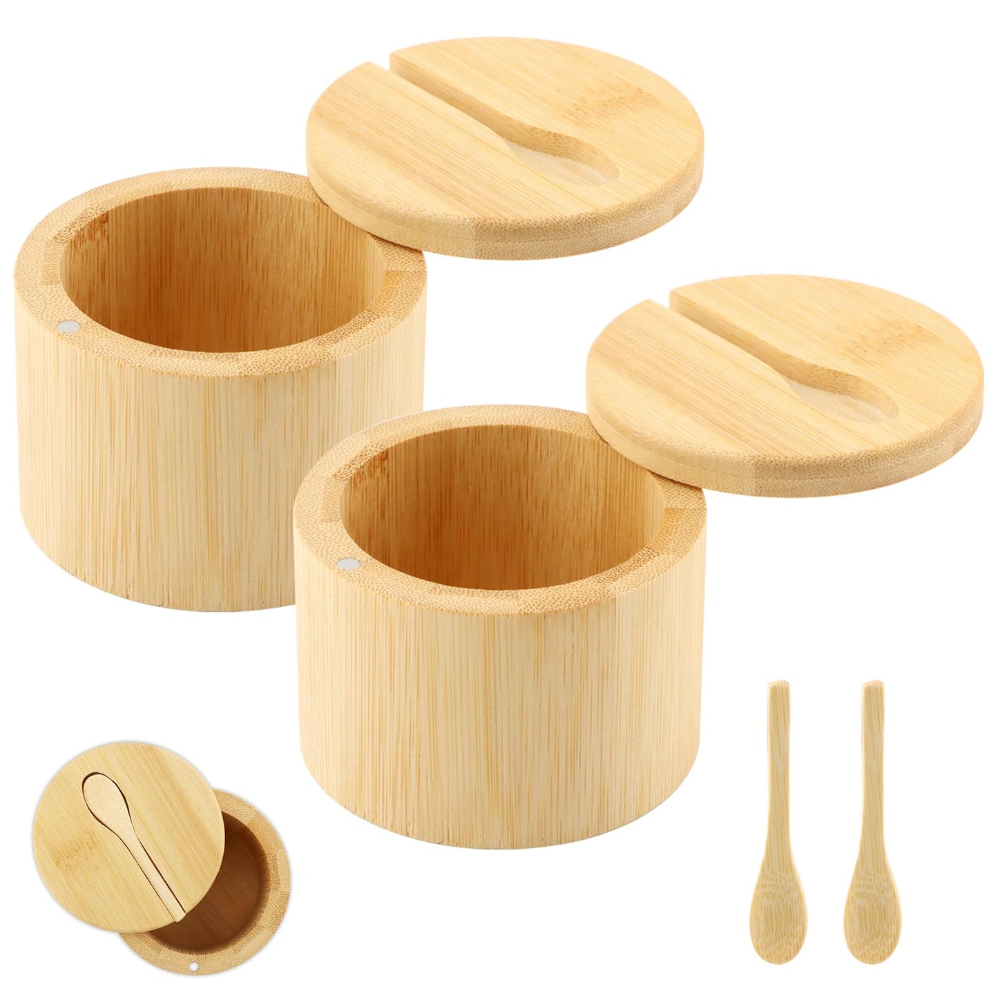Jeyntanc 2Pcs Bamboo Salt Cellar with Magnetic Swivel Lid & Spoon, 6 oz Spice Bowl Bamboo Storage Box Salt Container to Storage Pepper, Table Salt, Gourmet Salts, Spice, Sugar(SIZE:6 oz)