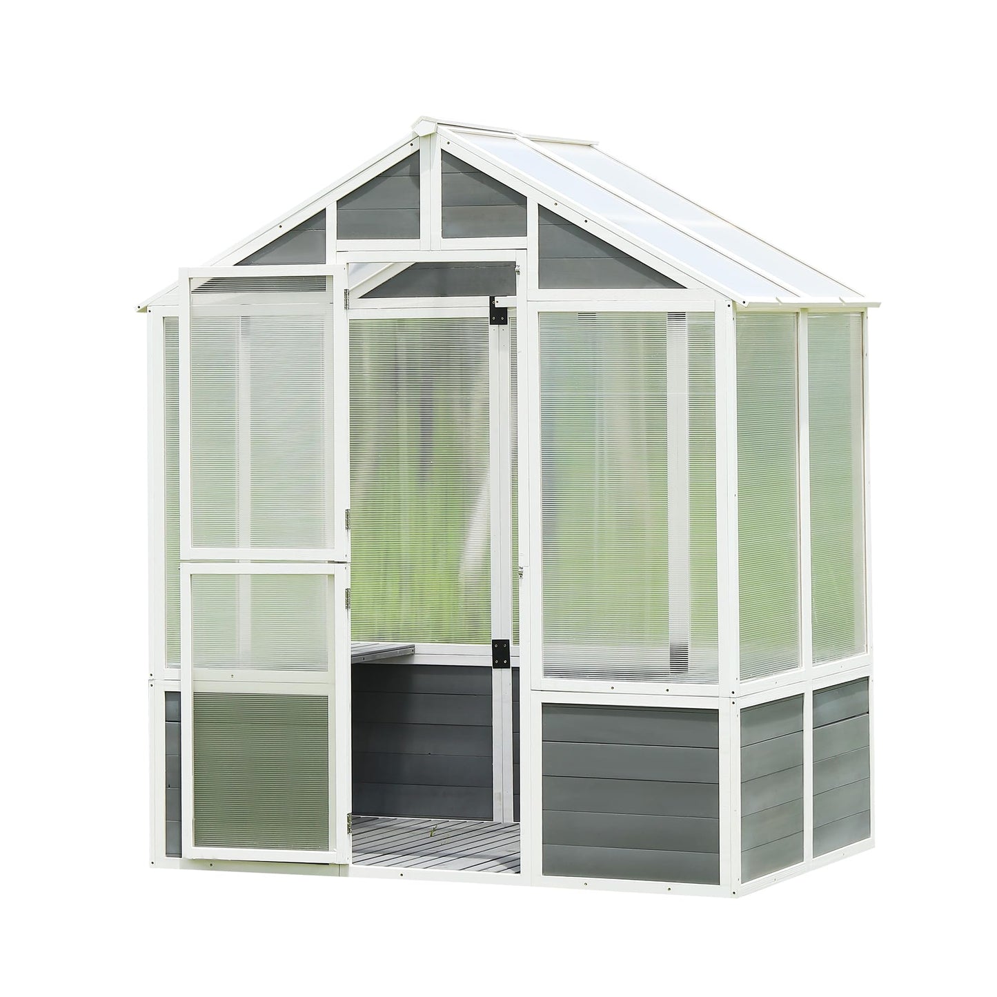 KEIKI 6.3 x 4 FT Wooden Polycarbonate Greenhouse with Front Entry Door, Walk-in Greenhouse Outdoor Garden Shed for Plants, Solid Pine Wood Frame & Polycarbonate Panels for Garden, Backyard, Patio