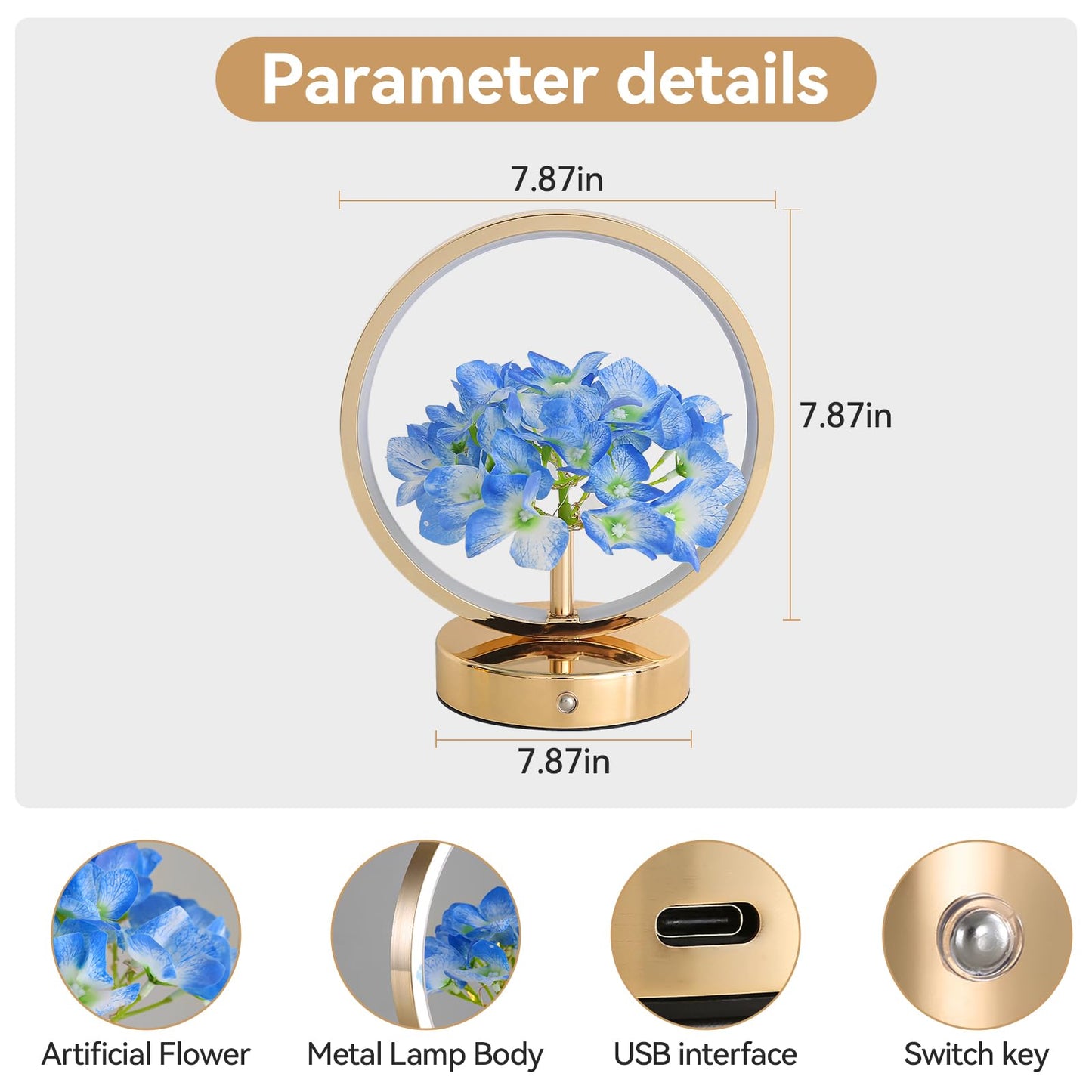 JHXLAMP Birthday Gifts for Women Mom,Hydrangeas Flower Touch Lamp,Rechargeable Cordless 3 Way Dimmable Small Night Light for Bedroom,Living Room,Office Home Decor Thank You Gifts for Festival-Blue