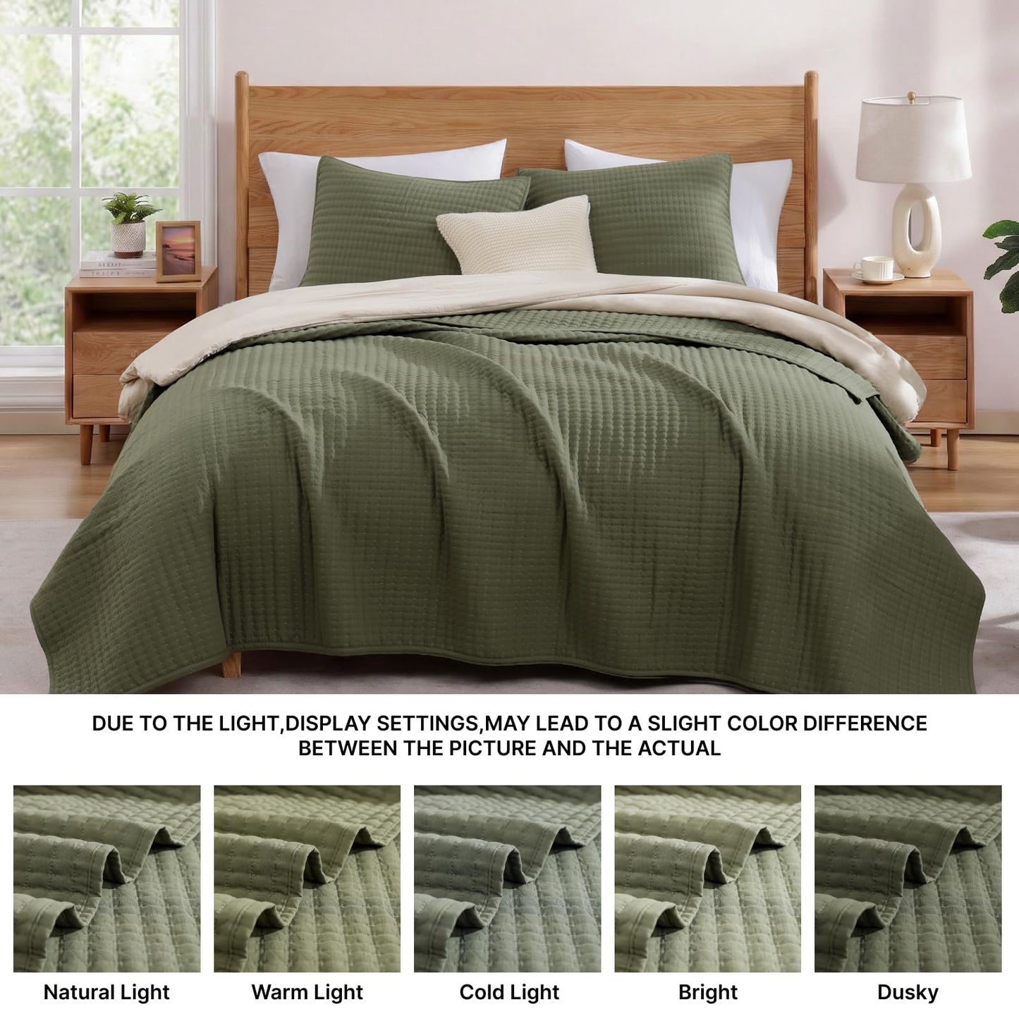 WRENSONGE Queen Quilt-3 Pieces Lightweight Bedspreads Olive Green Queen Size Quilt Bedding Set for All Seasons, Soft Summer Coverlet with 2 Pillow Shams Suitable for Bed & Couch