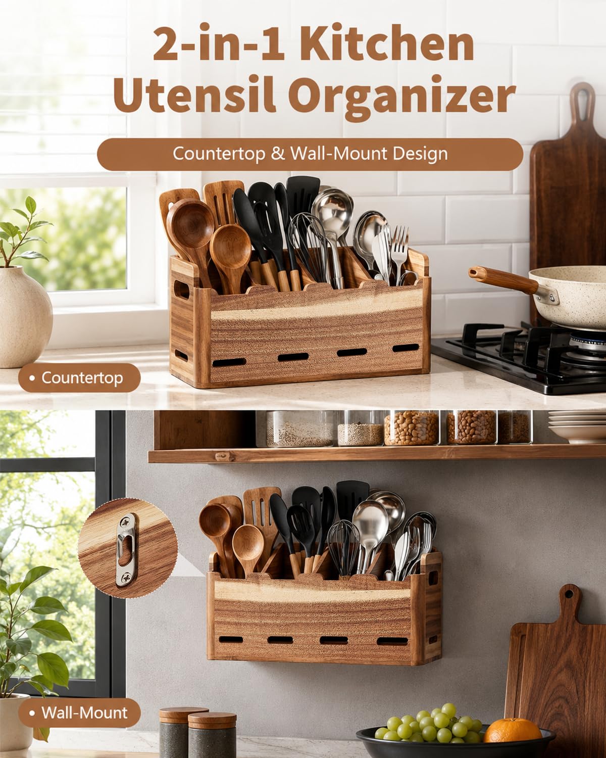 YEZHEXI Acacia Wood Utensil Holder for Kitchen Counter, 4-Compartment Large Kitchen Utensil Organizer, Wood Utensils Organizer for Cooking Tools and Silverware, Farmhouse Kitchen Decor