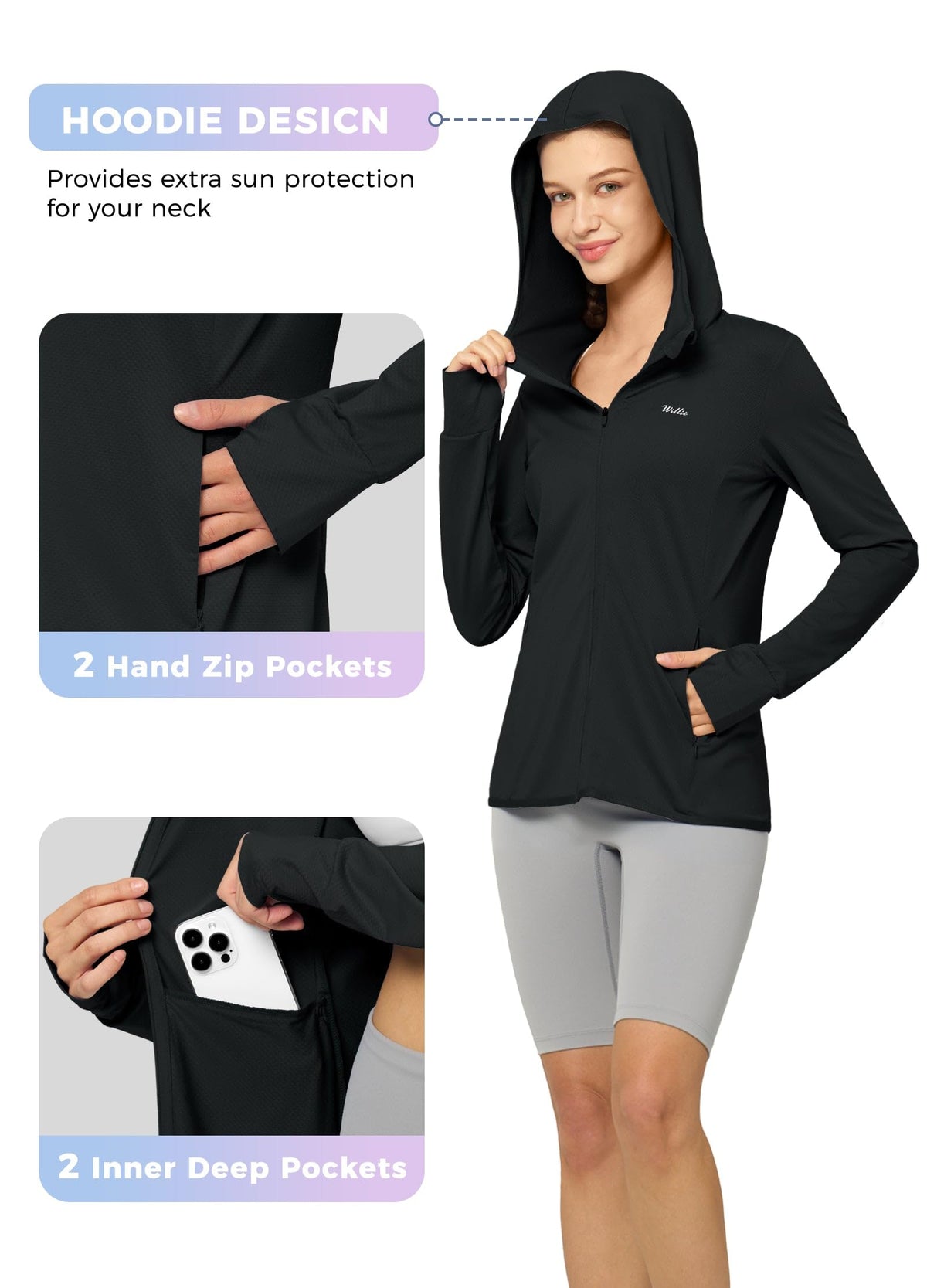 Willit Women's UPF 50+ Sun Protection Shirts UV Long Sleeve Zip Hoodies SPF Lightweight Jacket Hiking Outdoor with Pockets Black Small