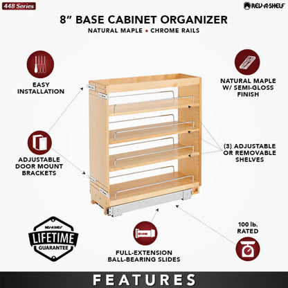 Rev-A-Shelf 6.5" Pullout Kitchen Cabinet Storage Organizer Slide Out Pantry Spice Rack with Adjustable Shelves, Natural Maple, 448-BC-6C