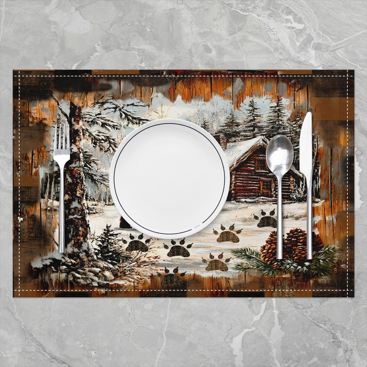 Lodge Cabin Placemats 12x18 Inch Set of 4 Pine Trees Wild Animal Jungle Bear Table Mats for Kids Teens Adults Wooden Stripes Winter Farmhouse Rustic Kitchen Mats for Dining Table