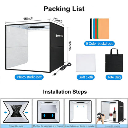 TzezFoz 12x12inch Portable Photo Studio Light Box,Folding Ring Light Box with 3 Modes & 6 Backdrops, Photography Light Tent USB Powered Lighting Tent for Jewelry/Accessories
