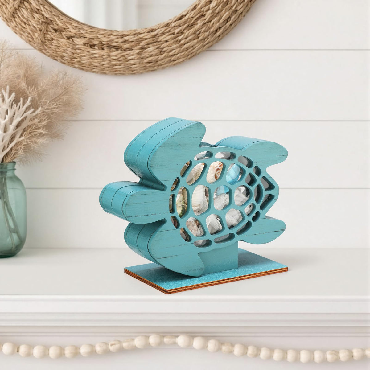 CroBlissful Green Sea Turtle Seashell Holder Seashell Display Box Wooden Small Starfish Shell Display Case with Acrylic Clear Window Shark Tooth Collection Box for Shells Sea Rock Home Decor Present