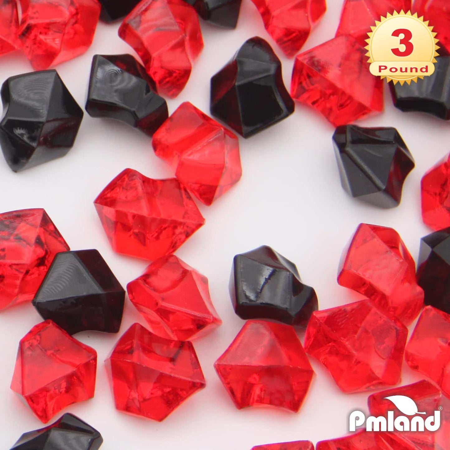 PMLAND Clear Fake Ice Rocks – 550 Pcs Large Acrylic Gems Crushed Plastic Diamonds, Black & Red (3Lbs/2.25 Quarts) – Bulk Vase Filler for Centerpieces Theme Décor Aquarium Table Scatter