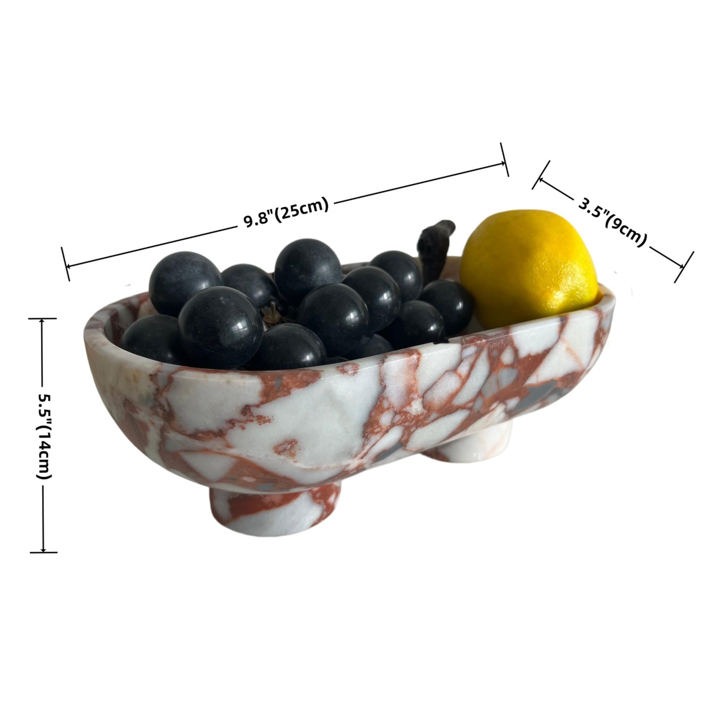 SAIDKOCC Natural Marble Oval 10" Fruit Bowl Large Decorative Bowl with Two-Legs for Home Decor, Dining Table, Kitchen Organization (Calacatta Red)