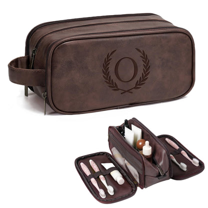 Janhavi Travel Essentials Toiletry Bag, Waterproof PU Leather Initials & Wheat, Groomsmen Gifts, Men's Accessories Organizer, Travel Bags for Men, Birthday Gift Box for Men (Medium, Dark Brown, O)